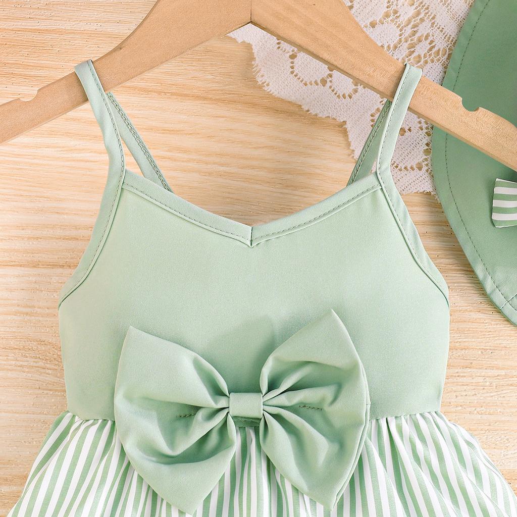 Mädchen Niedliches Gestreiftes Muster Neckholder Kuchenkleid + Hut Sommer Kindermode Prinzessinnenkleid