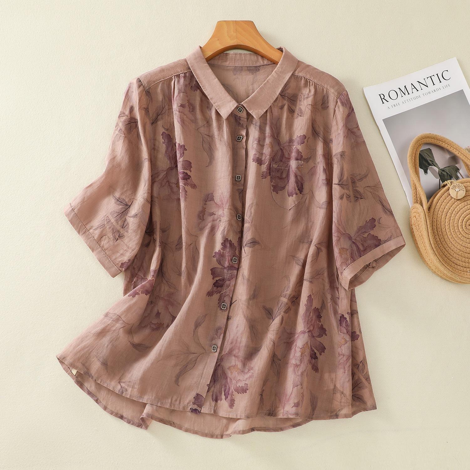 

Женская летняя рубашка из хлопка и льна с цветочным принтом, новая коллекция 2025, ретро, повседневная, однобортная, с лацканами, с короткими рукавами, кардиган-топ 2XL светло-коричневого