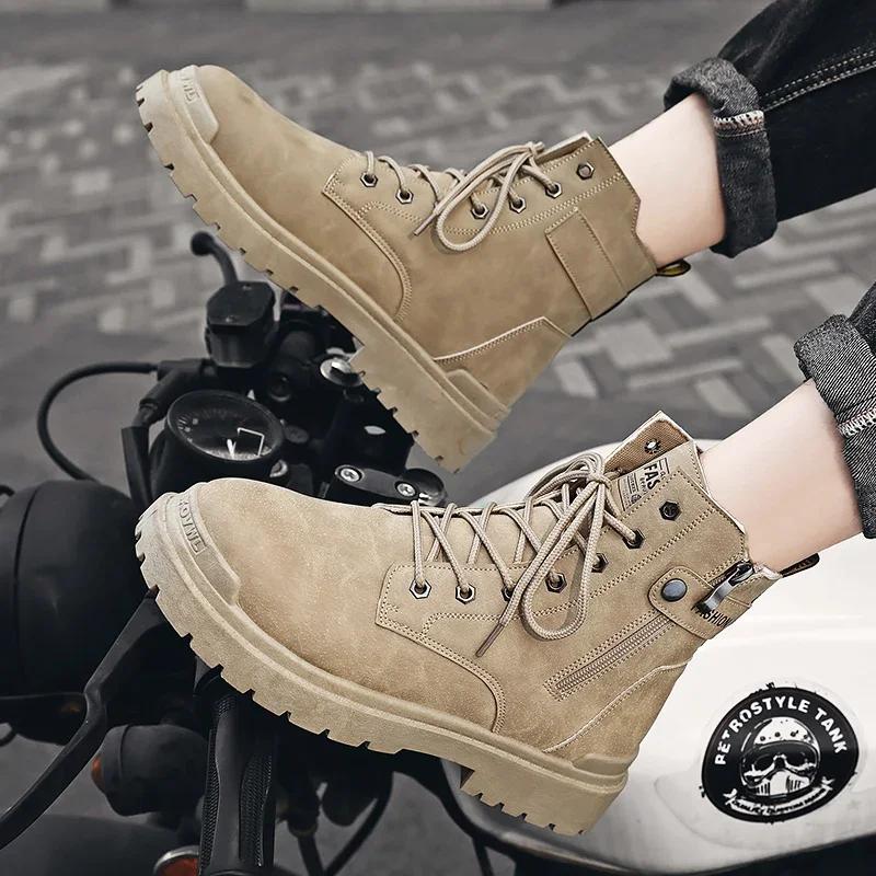 Men's Boots Fashion Motorcycle Ankle Boot New High Top Leather Boots for Men Non Slip Platform Work Safety Boot Botas Hombre