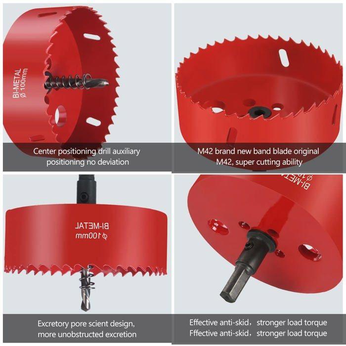 Scie cloche bi-métal Ø100 mm avec mandrin et foret de centrage – pour bois, plastique et métal