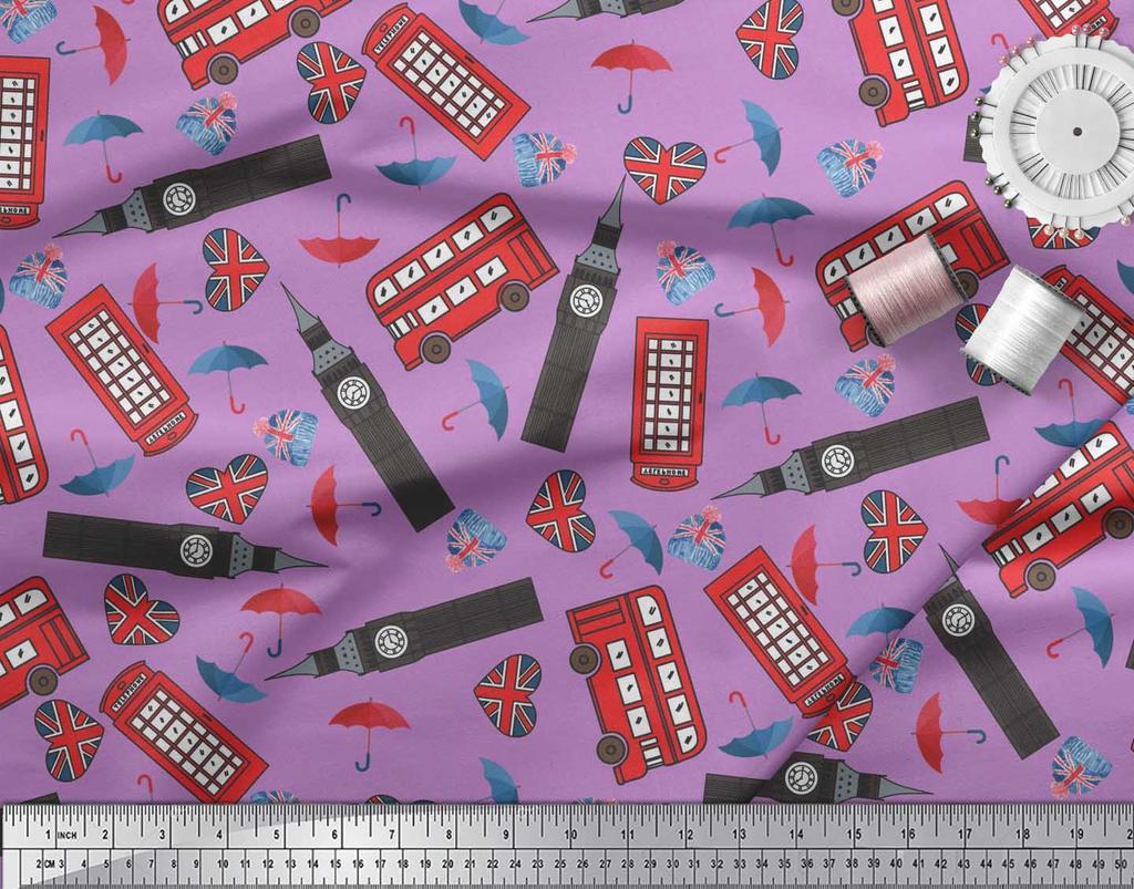 Soimoi Japan Crepe Satin Fabric Bus,Telephone Booth & London Clock Tower Architectural Print Sewing Fabric Metre 42 Inch