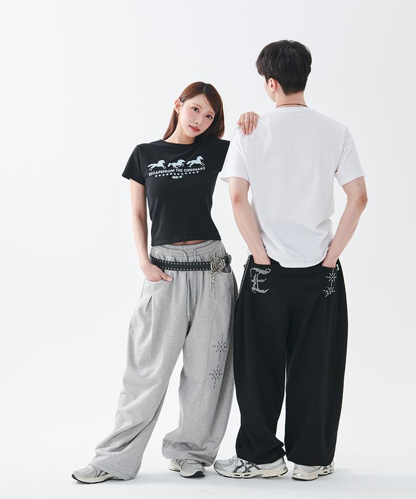 ESCAPEFROM [Escf X Hot Today] E Star Hotfix Detail Incision Sweatpants Black