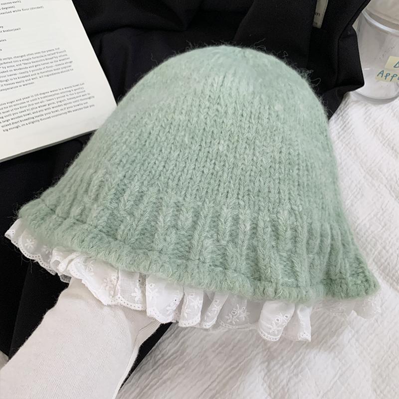 Lace lace bucket hat autumn and winter warm knitted pot hat versatile face small sweet wool hat women