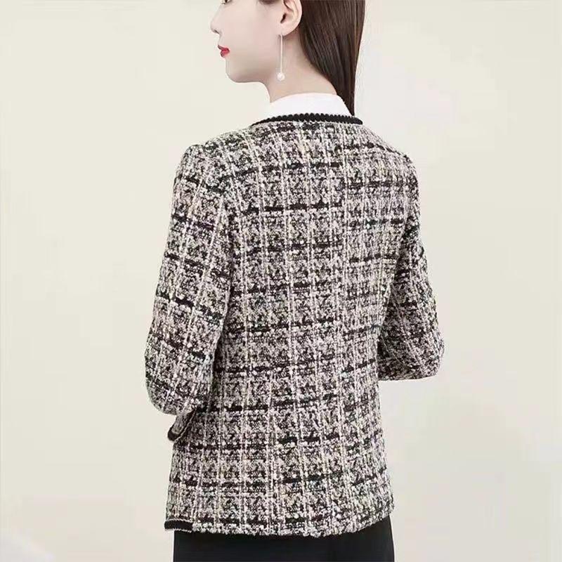 Jarní a podzimní móda pro ženy středního věku, krátký kabát ve stylu malé vůně, houndstooth, pro matku, kulatý výstřih, kardigan, top