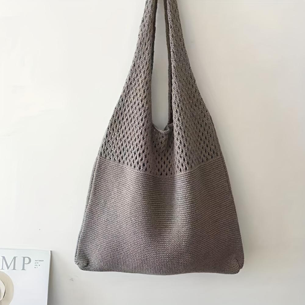 Minimalist Retro Hollow Knitting Bag For Women, Woven Yarn Shoulder Tote Bag, Large Capacity Breathable Shopping Handbag For Daily Outdoor Use