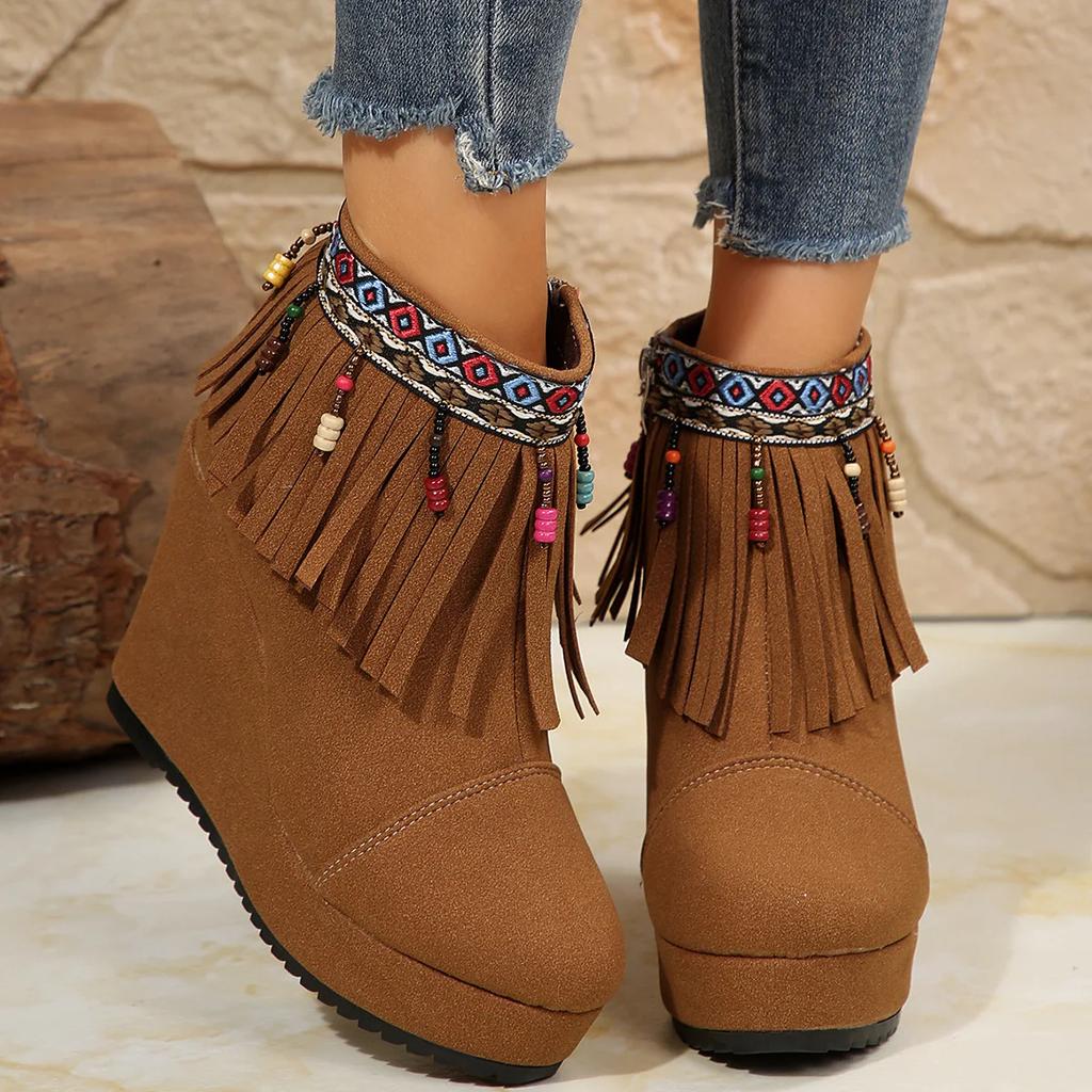 2024 Autumn New Color Beaded Fringe Boots Short Wedge Heels Fashion Casual Women's Boots Big Size 36-42