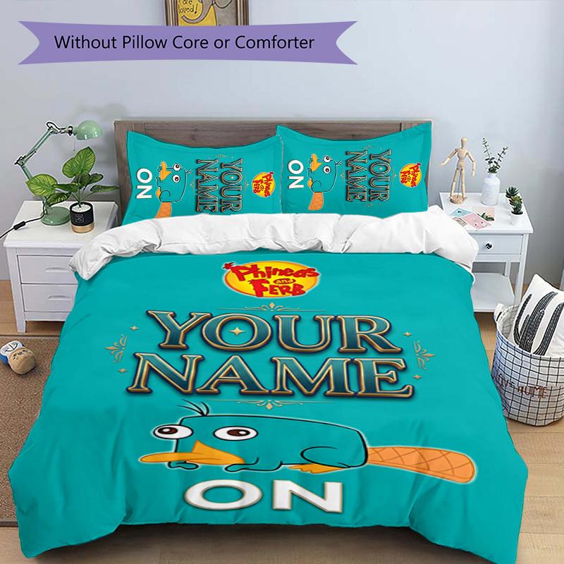 3-dielna súprava obliečok Phineas a Ferb - Personalizované meno, HD potlačené posteľné prádlo s 1 obliečkou na paplón a 2 obliečkami na vankúše - Ideálne pre domácu dekoráciu, Jednoduchá údržba