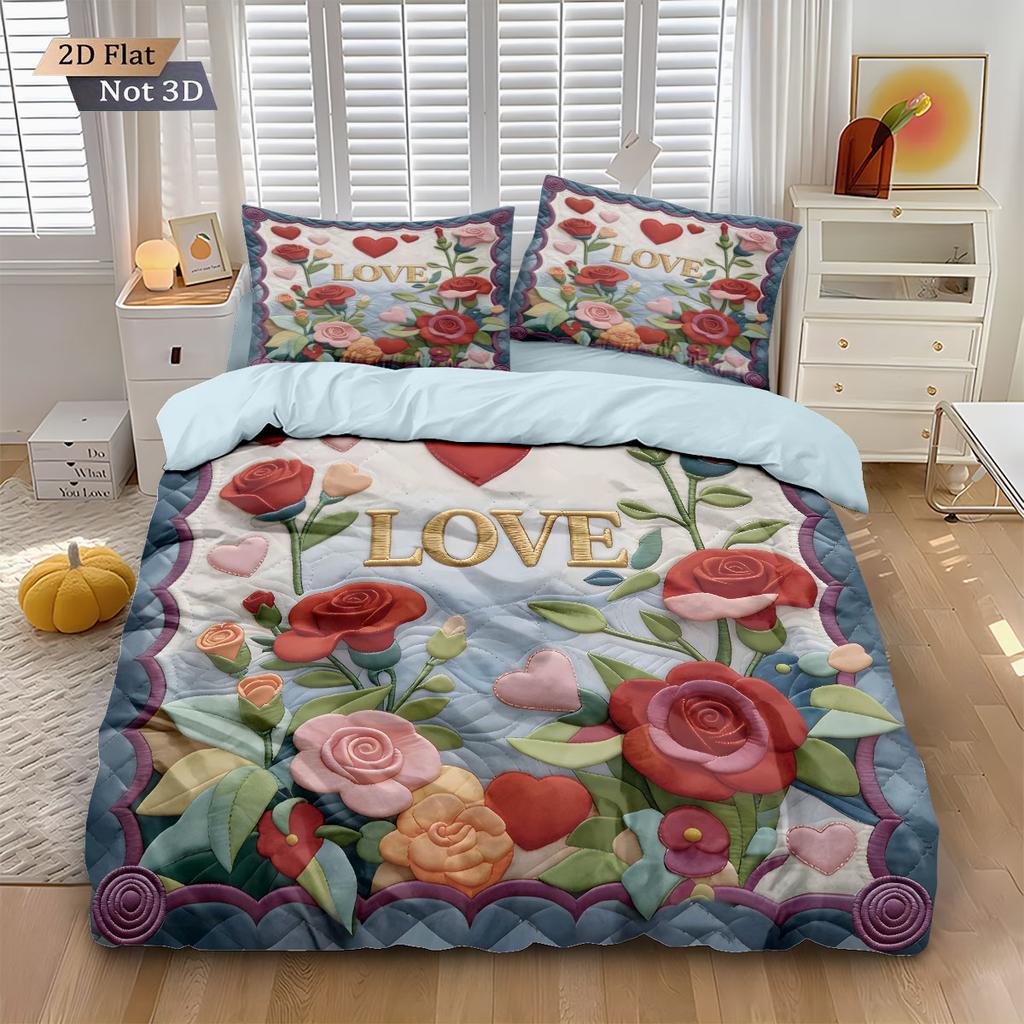 3pcs Valentine's Day beautiful colorful floral print coreless down duvet cover set bedroom bedding decoration machine washable