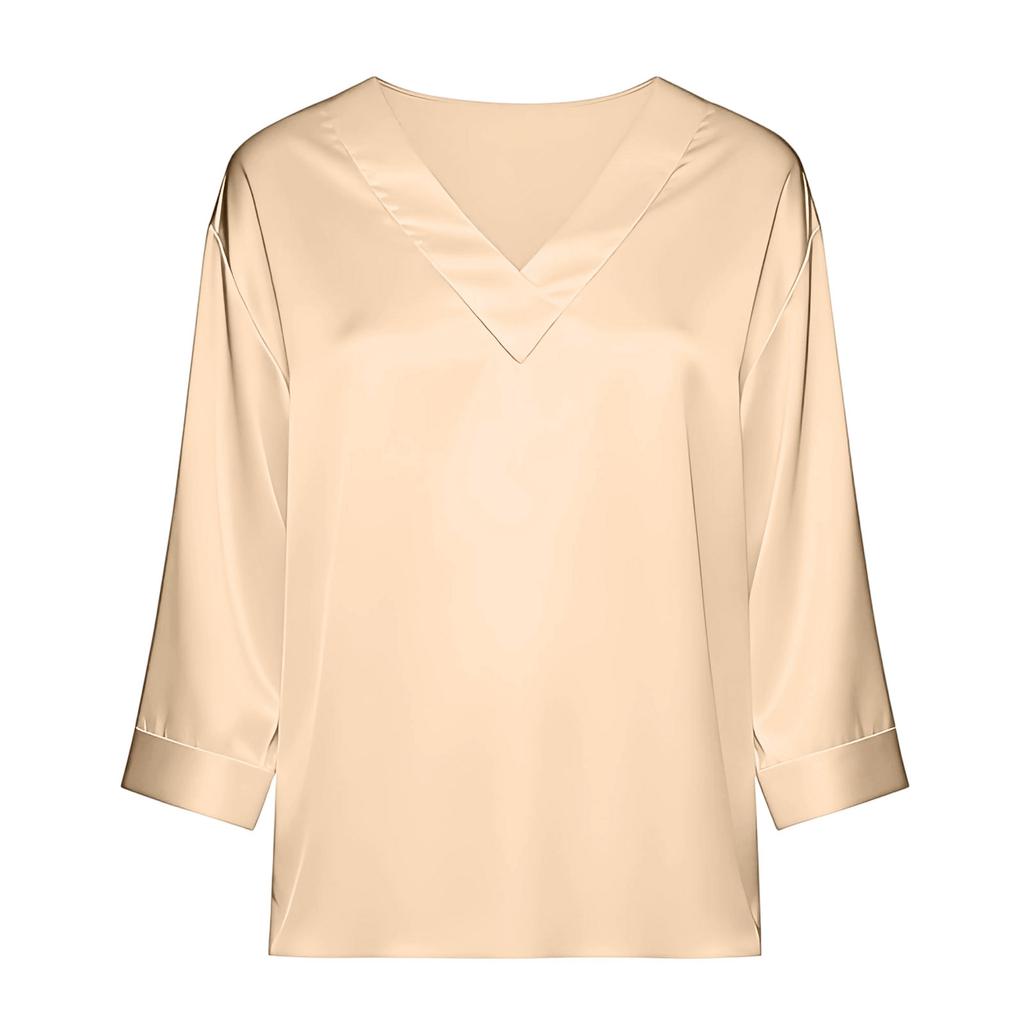 Womens 3/4 Length Sleeves Shirts V-Neck Satin Color Loose Dressy Trendy T-Shirt Pullover Blouse Tops