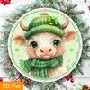 D Flat Cute Highland Cow with Shamrock Hat Round Tin Sign St Patricks Day Metal Wall Art for Irish Decor Farmhouse Accent a