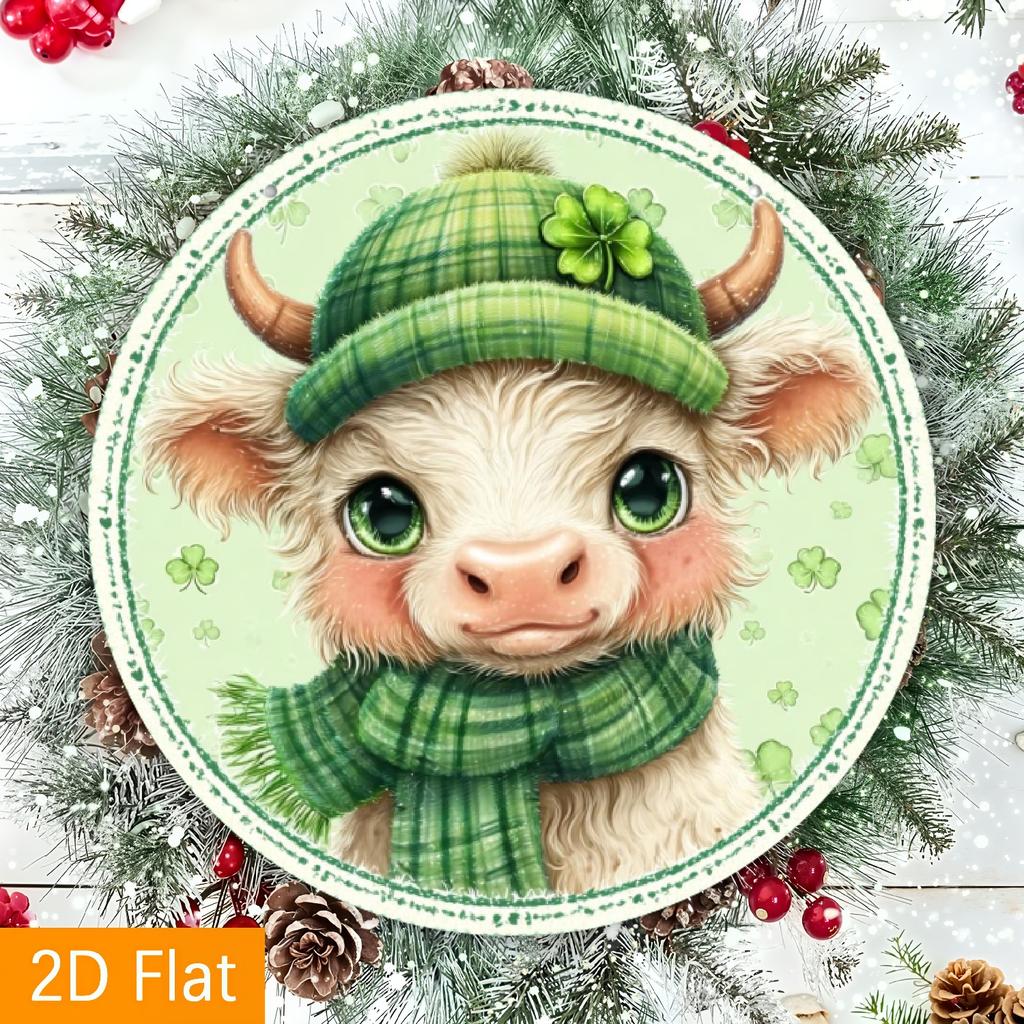 D Flat Cute Highland Cow with Shamrock Hat Round Tin Sign St Patricks Day Metal Wall Art for Irish Decor Farmhouse Accent a