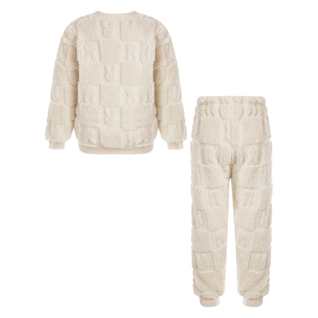 Boys Girls Flannel Pajamas Set Casual Homewear Round Neck Long Sleeve Tops Elastic Waist Pants