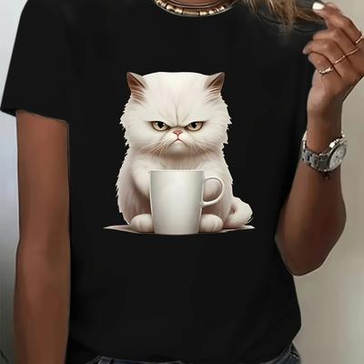 Wütendes Kätzchen Print Rundhals T-Shirt Lässiges Kurzarm T-Shirt für Frühling & Sommer Damenbekleidung Grafik T-Shirts Y2K Top