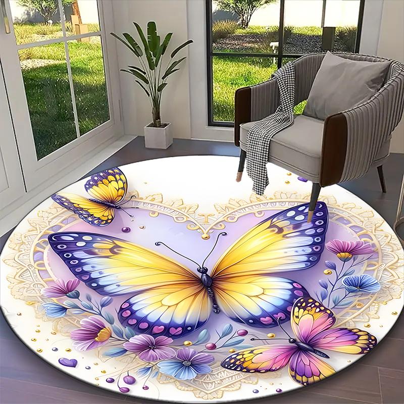 Butterfly Carpet, Non-slip Office Chair Rug, Digital Print Home Round Rug, Unique Festival Decorations