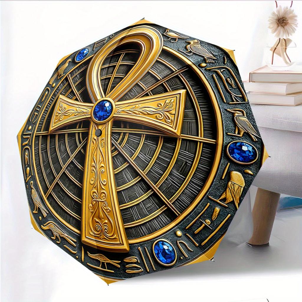 [Christmas] Automatic Open/Close Umbrella with Egyptian Ankh & Hieroglyphs - Golden & Blue Ancient Egyptian Design Umbrella, C