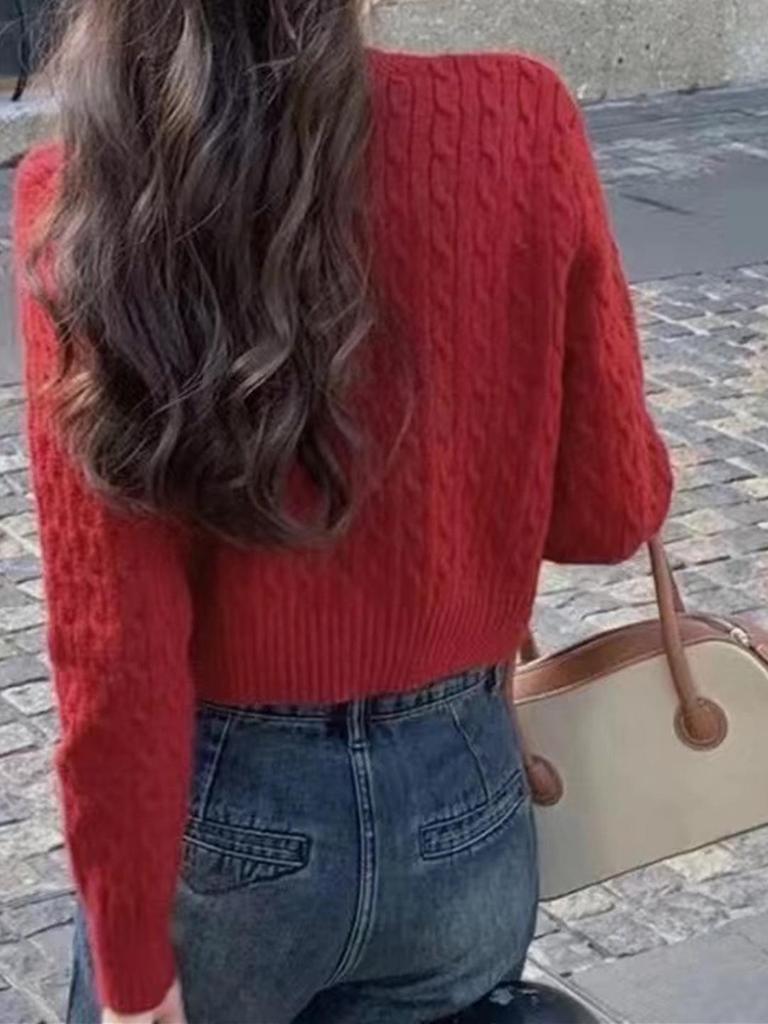 Women's Cable Knit Cardigan Sweater: Autumn/Winter Round Neck Solid Color Knitwear Top