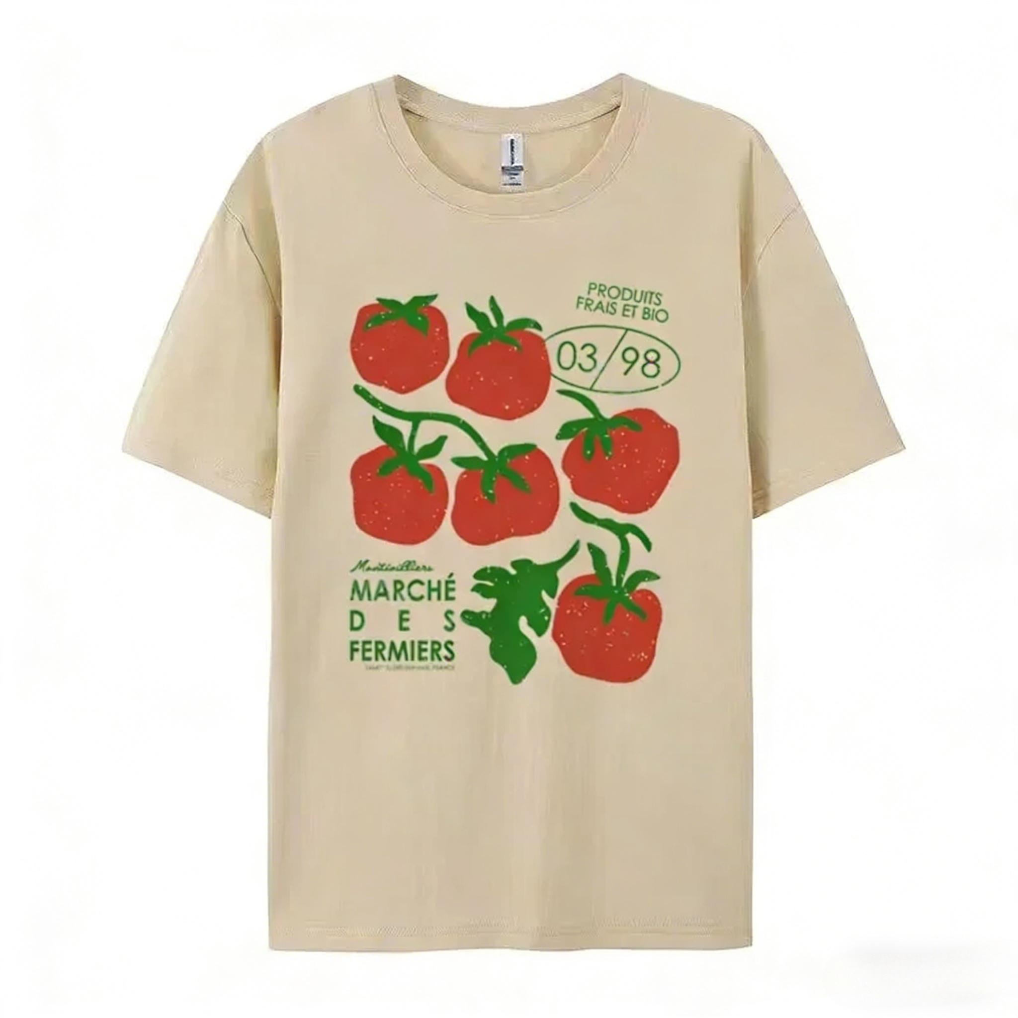 

Retro French Tomato Graphic Tshirt Loose Aesthetic Vegetable Tee Women Cute Botanical Garden TShirt Female Cottagecore Tops 2XL