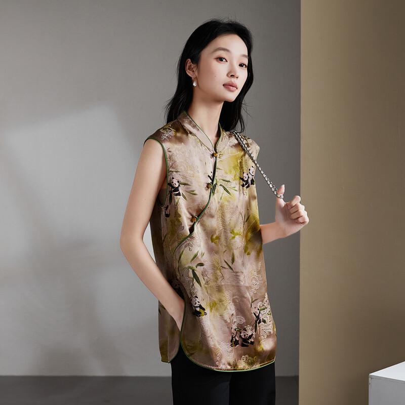 SOFSIL Women s Silk Blend Printed Sleeveless Stand-Collar Shirt L