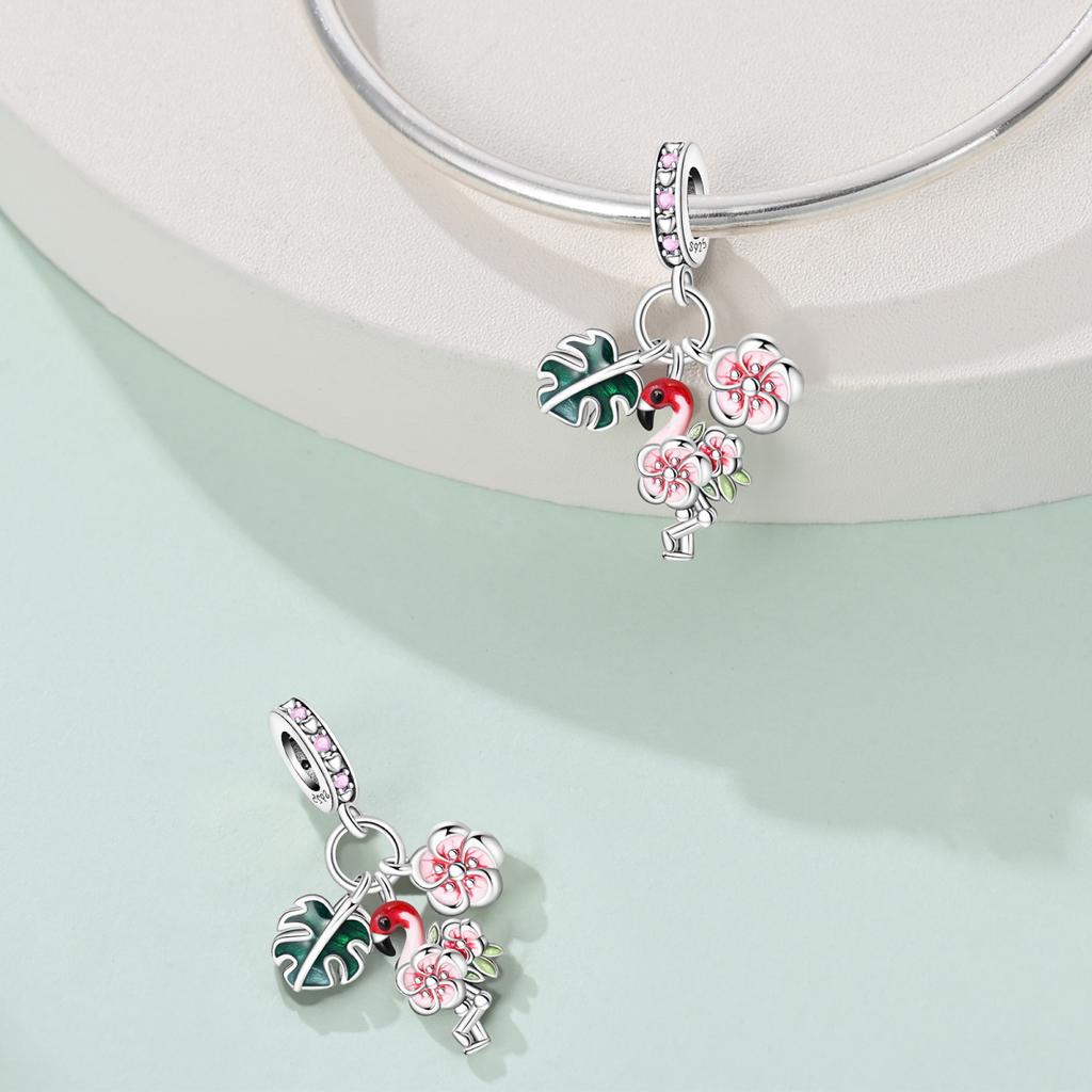 Charms Original Copper Flamingo Flower Pendant Beads Fit Bracelet Diy Fine Gift Women Delicate Jewelry Accessory