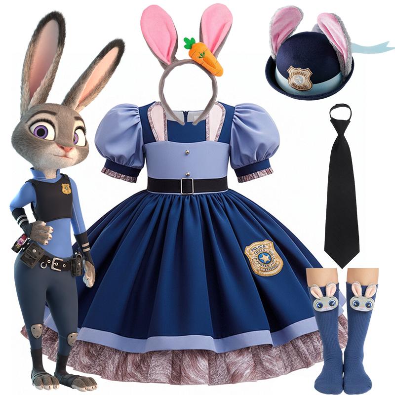 Girl Cosplay Judy Hopps Police Officer Dress Zootopia Bunny Costume Kids Dress Up Halloween Rabbit Dress Outfits