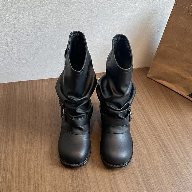 Retro Pleated Pile Boots Autumn New Trouser Boots Martin Boots Thick-soled Western Cowboy Boots