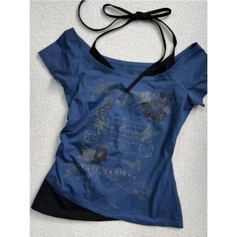 Vintage Fake Two Piece Halter Lace Up T-shirts Y2k Slim Fit Print Tops Women Off Shoulder Short Sleeve Tee Shirt