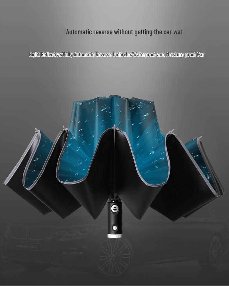 Three-Fold Automatic Reverse Umbrella with Reflective Edging & LED Light, Customizable Logo, All-Weather Protection for Business Use