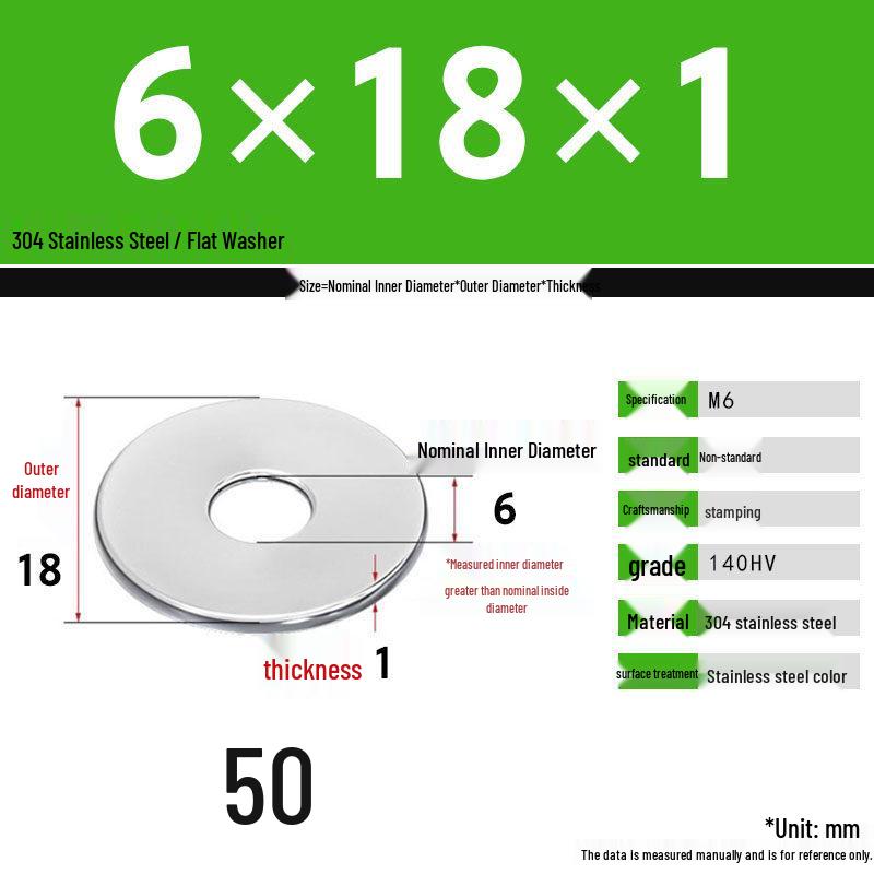 304 Stainless Steel Thickened Flat Washer Set, Sizes 2-36
