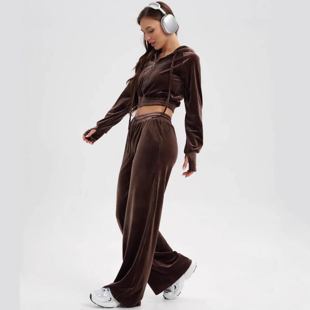 Fashion Women's Clothing Suit Velvet Solid Color Autumn and Winter Casual Zipper Stand-up Collar Long-sleeved Trousers Two-piece Set Women