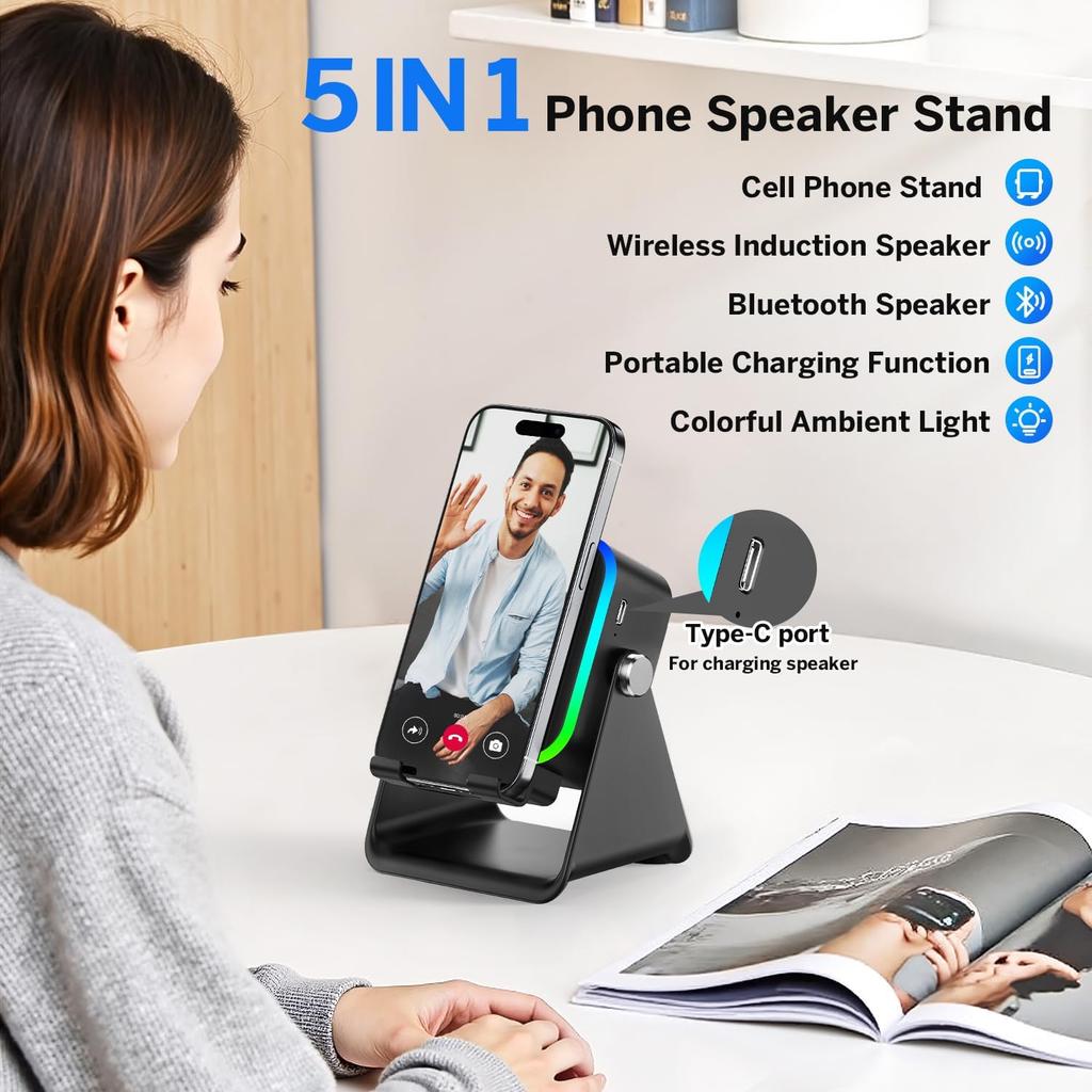 (améliorer)Haut-parleur à induction sans fil à auto-induction 5 en 1, support de téléphone avec 8 lumières RVB, son surround, support de téléphone Bluetooth portable