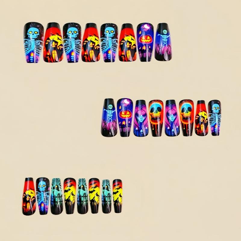 Beautiful Halloween Press-On Nail Set of 24 - Skeleton, Pumpkin, and Bat Designs Perfect for Festive Nail Art Enthusias