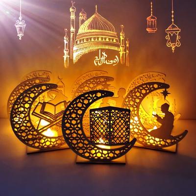 Decorações do Ramadã DIY Madeira Lua LED Vela Lâmpada Muçulmana Islam Eid Mubarak Artesanato Ornamentos Luz
