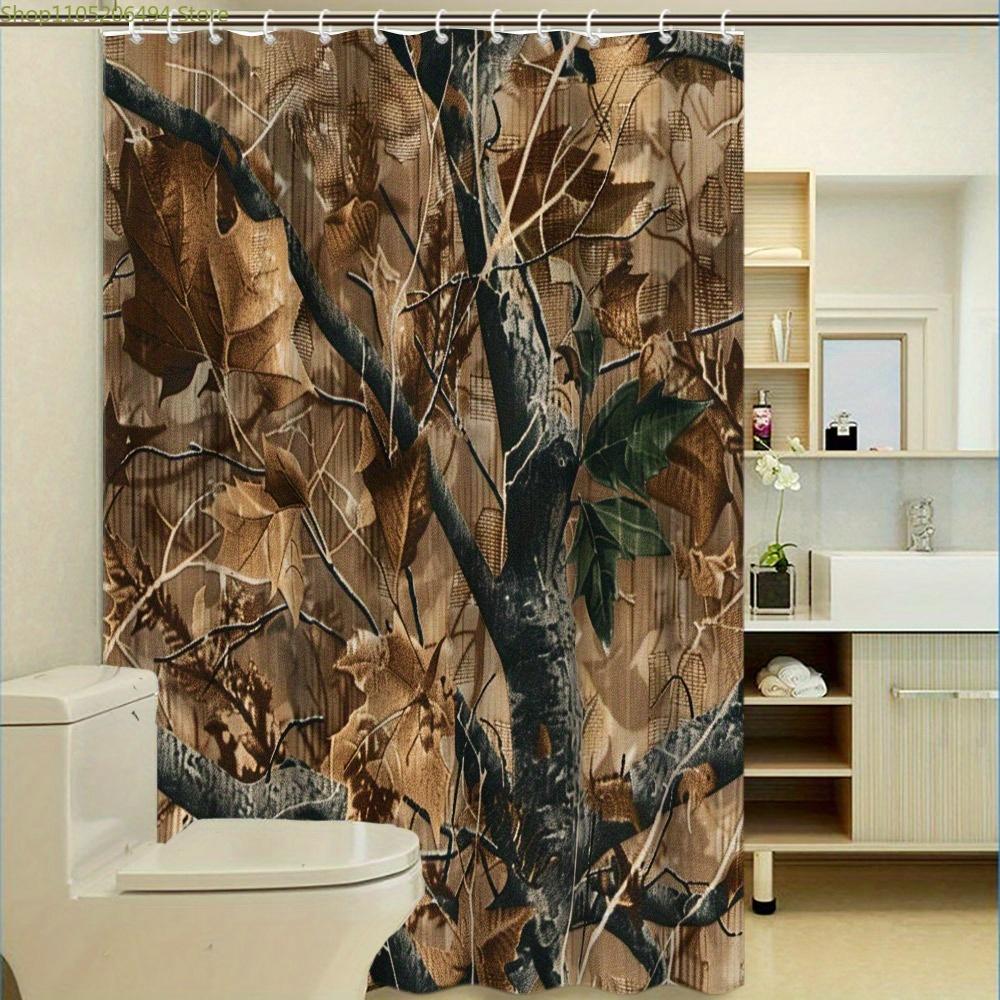 1pc Realistic Camouflage Forest Shower Curtain - Autumn Foliage Design with Brown, Green Leaves & Tree Bark, Nature-Inspired B