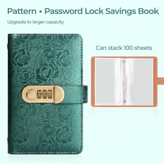 Financial Planning Notebook A6 Password Lock Cash Budget Organizer, PU Leather And Relief Cover, Security Binder 100 Pocket Savings Challenge Booklet