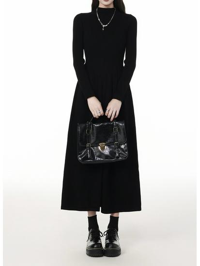 Women's Black High Neck Long Sleeve Bodycon Midi Dress - Petite Waist Slimming 2026 Spring Style
