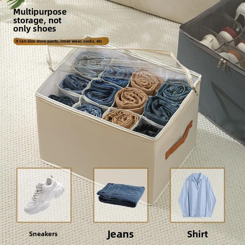 Multifunctional Grid Storage Shoe Box Cross-border Foldable Fabric with Cover Dustproof and Washable Sundries Storage Box