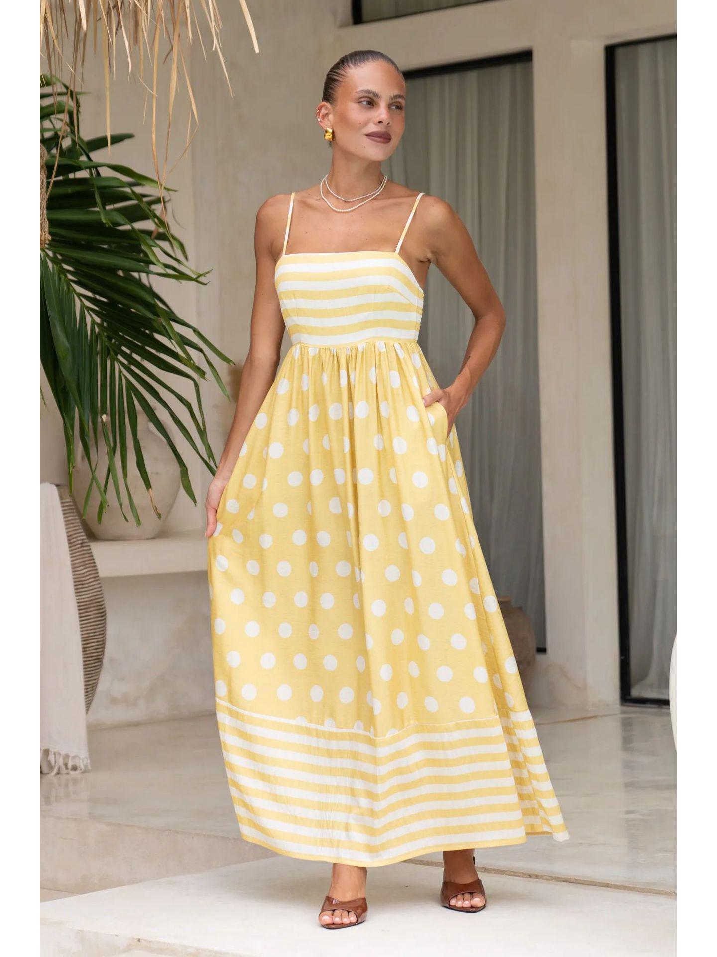 

В наличии: Европейский и американский летний сарафан с открытой спиной и принтом - Сексуальный дизайн с завышенной талией и расклешенным низом Extra Large жёлтый