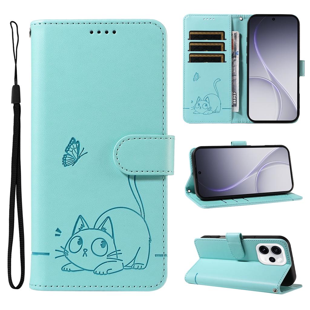 Magnetic Card Solt Wallet Leather Embossed Little Cat Phone Case For OPPO Reno 13 14 15 13F Find X8 Pro Flip Bag Pocket Cover