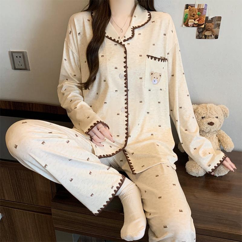 Halbmond-Stickrand Langarm-Pyjama Damen Frühling Neu Imitation Baumwolle Dopamin Polka Dot Loungewear Set
