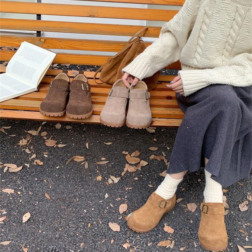 2025 new round head thick sole matte flat bottom outer wear commuter soft sole women's single shoes Mao Mao Boken shoes