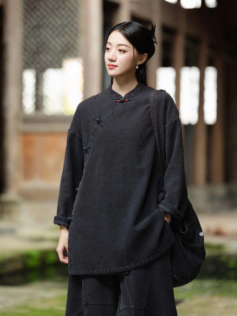 

Johnature Women Chinese Style Stand Long Sleeve Plush Warm Winter Solid Color Button Tops One Size чорний