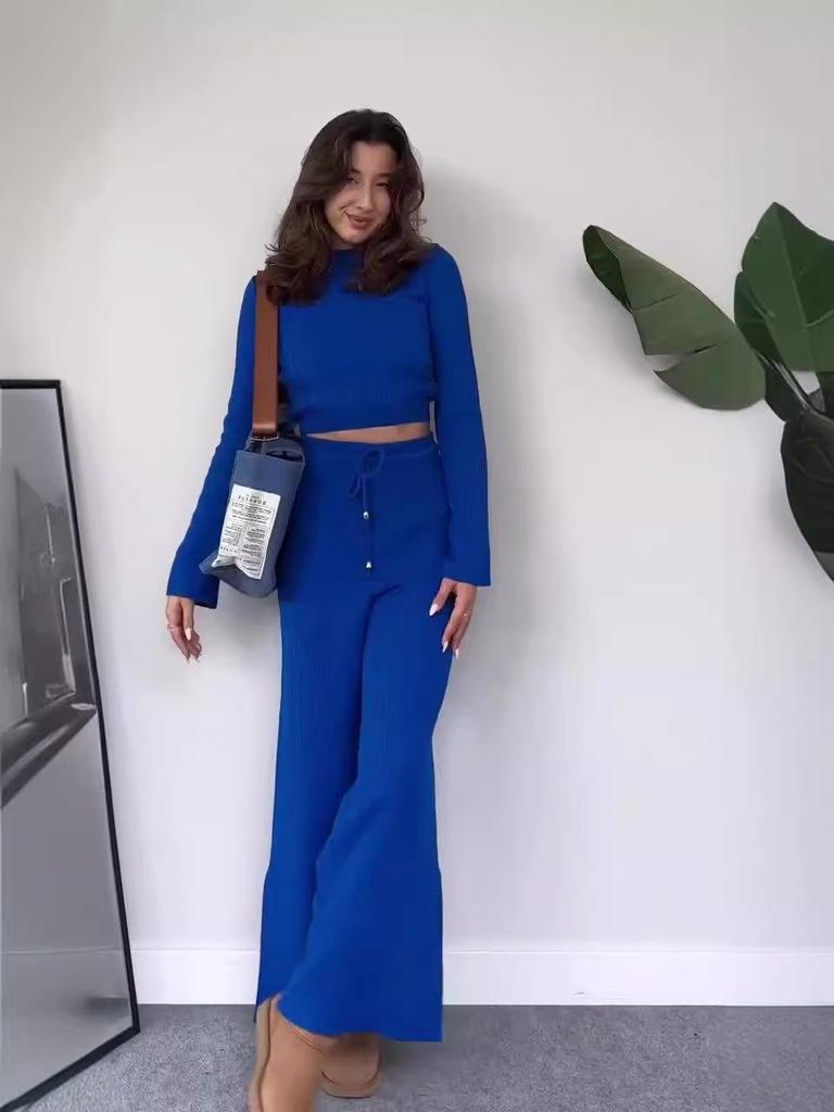 2024 Autumn Knitted Solid Crop Top & High-Waisted Wide-Leg Pants Set