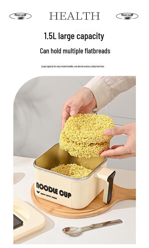 Large Capacity 304 Stainless Steel Instant Noodle Bowl with Lid and Spoon Set for Dorm Use