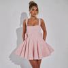 Mini Abito da Donna Senza Maniche Scollo Quadrato Vita Alta Elegante Abito da Festa Paillettes Fiocco Abito Skater Svasato
