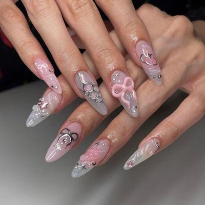 24pcs Flowers Glitter Fake Nials Long Almond and Ballerina Nail Tips Manicure False Nails Women