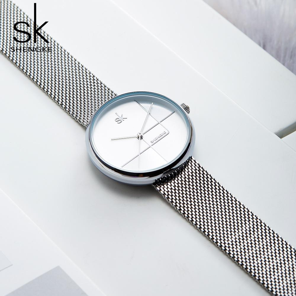 SK Women's Geometric Mesh Strap Quartz Waterproof Watch - Fashion Creative Design 0105