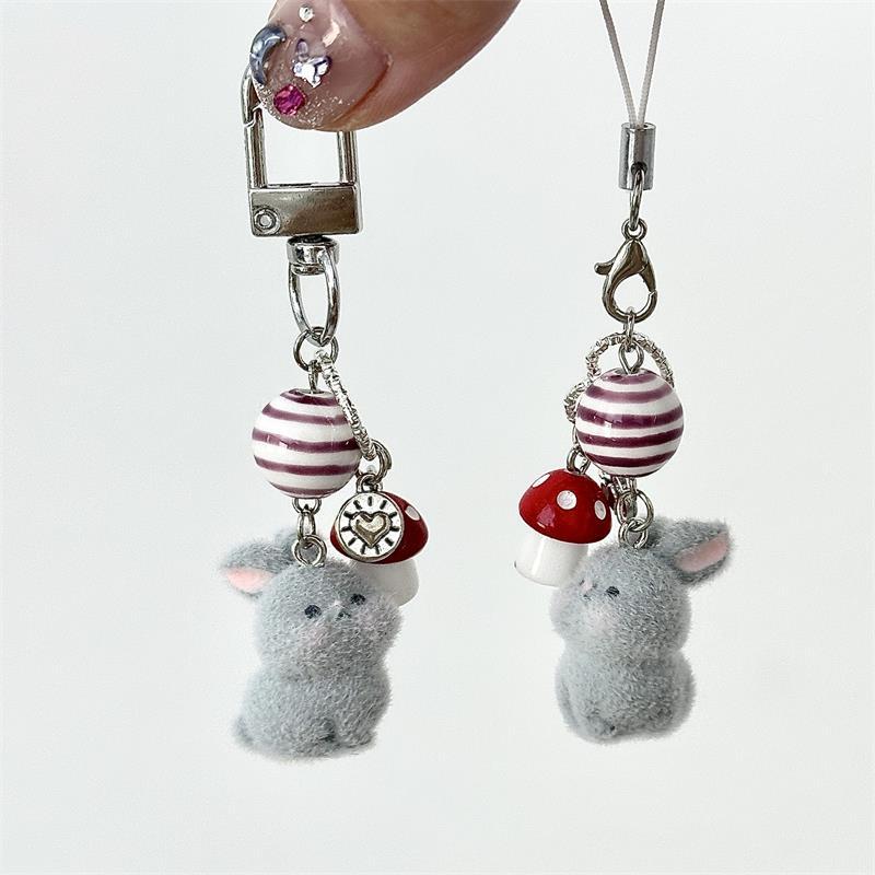 Cute Sweet Mushroom Flocked Bunny Rabbit Phone Chain Lanyard Ccd Camera Charm Accessory Girl Keychain Pendant Bag Ornaments Gift