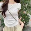 Simple Round Neck Short-sleeved Women's T-shirt for New Summer Niche Slim Fit Pleated Short Chic Pure Sensual Top