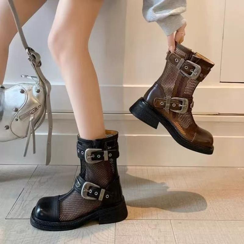 Women's Boots 2025 New Summer Cool Boots Breathable Hollow Out Mesh Boot Square Toe Side Zip Ankle Boots for Women Botas