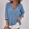 Women's V-Neck Three Quarter Sleeve Casual Loose Fit Button Down Blouse Shirt